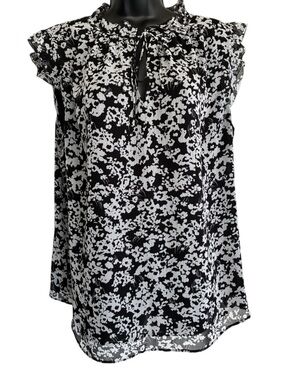 Lane Bryant Black & White Floral Tie-Neck Ruffle Sleeveless Blouse Size 14/16